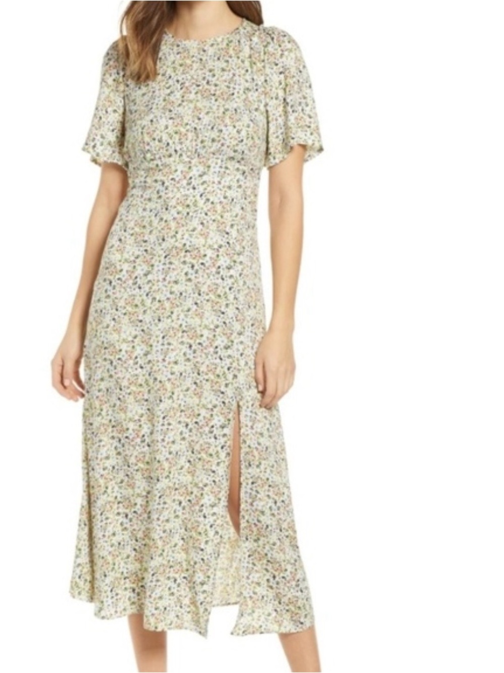 AFRM Janice Cream Green Floral Short Sleeve Midi Dress Sz M